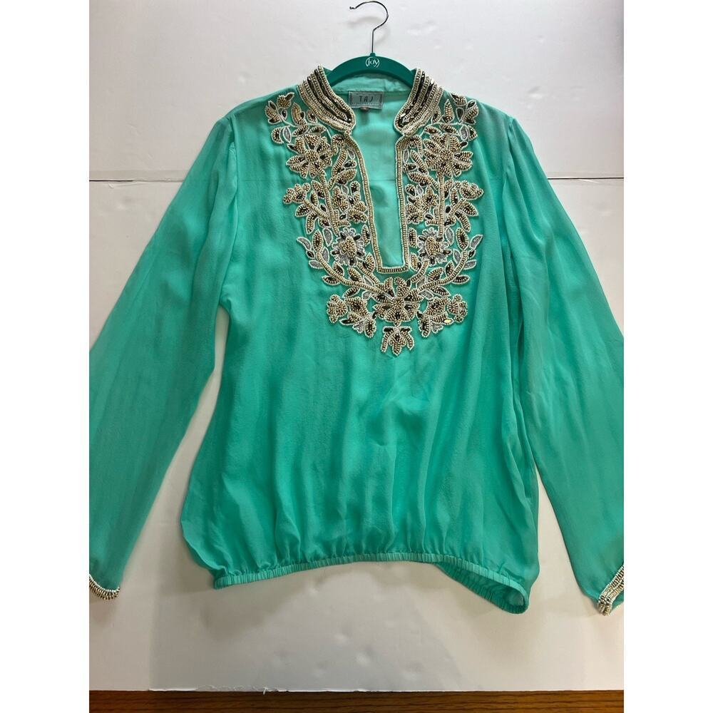 Sabrina Crippa Taj Blue Turquoise Silk Beaded Embroidered Cover Up Sheer Top Sm - Picture 10 of 10